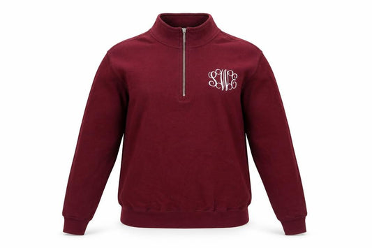 Front view of Charles River Apparel women’s burgundy 1/4 zip sweatshirt, size S, cotton blend