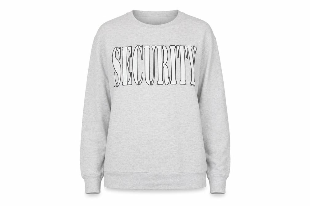 Front view of Delta USA Grey SECURITY Print women’s medium pullover sweatshirt