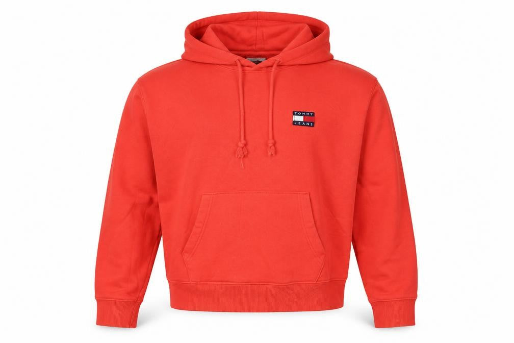 Front view of Tommy Jeans Women's Red Pullover Hoodie, size S, Cotton Logo Casual