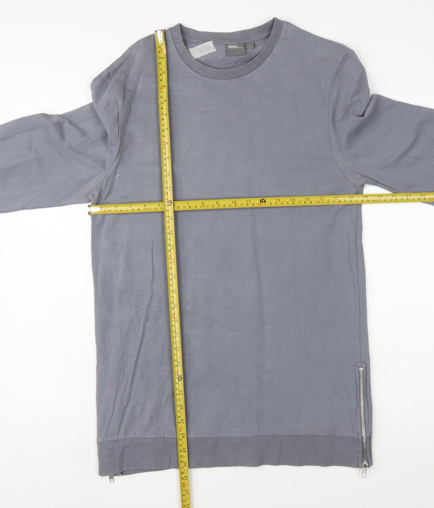ASOS Womens Grey Long Sleeve Pullover Sweatshirt L Zip Detail Cotton Blend