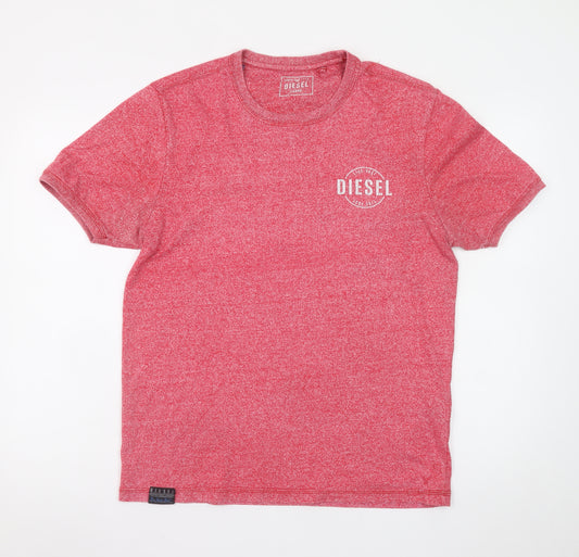 Diesel Men's Red Crew Neck Logo T-Shirt Size L Regular Fit