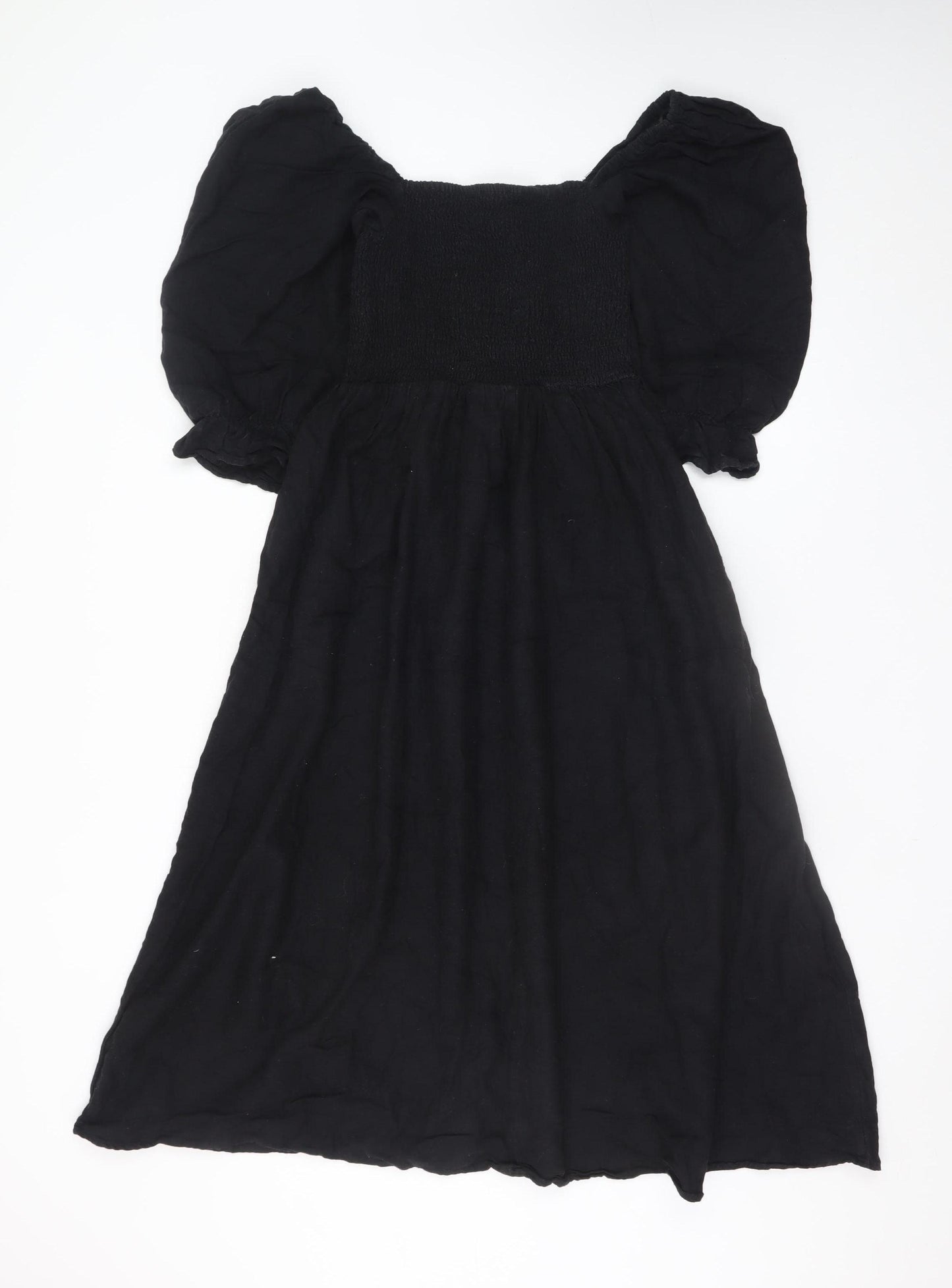 New Look Womens Black Size 8 Midi A-Line Puff Sleeve Dress