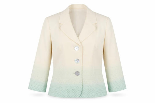 Front view of Kaliko Women Ivory Silk Linen Blazer Jacket, size 12, Three Button Tailored