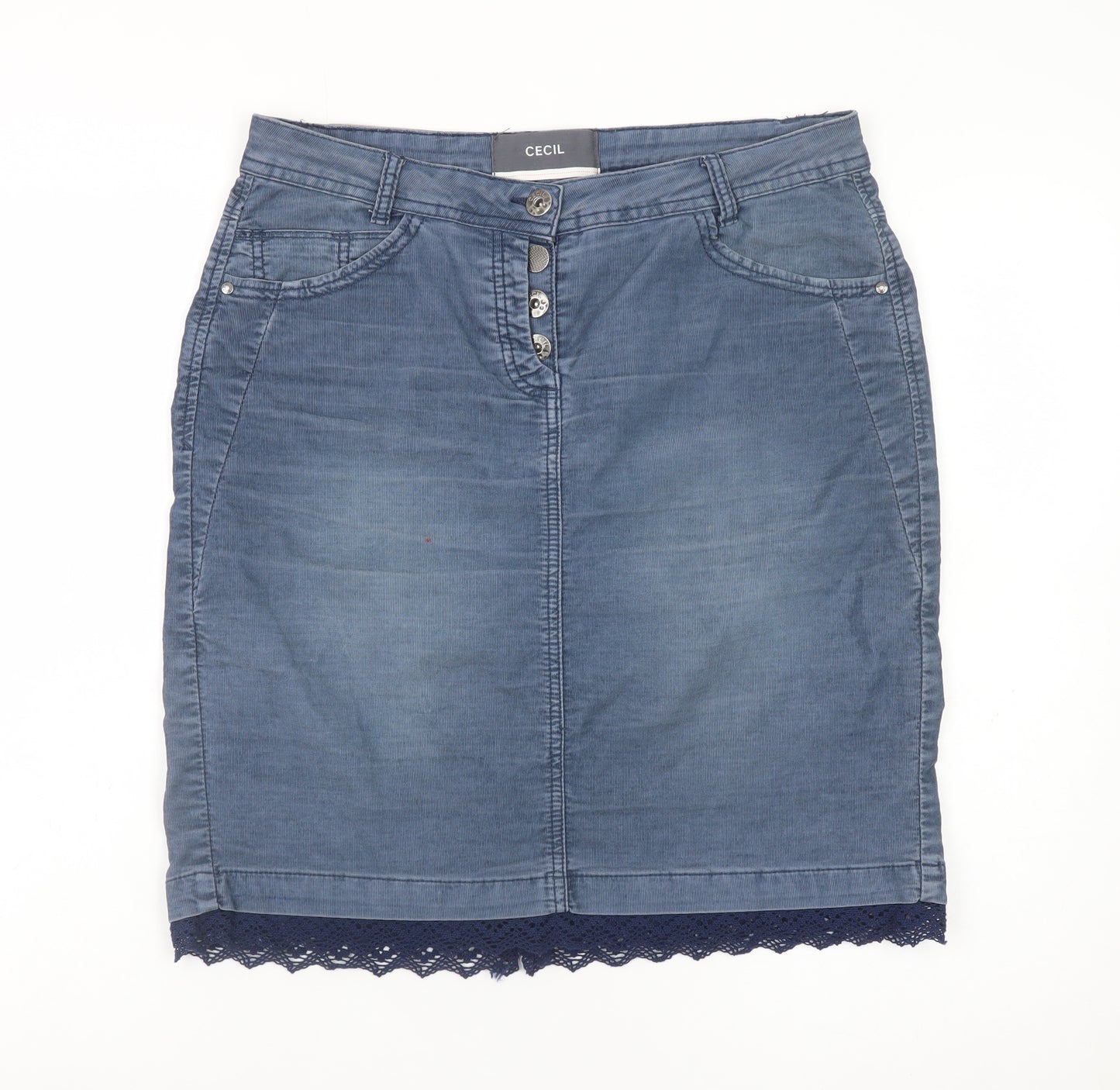 Cecil Women Blue Denim Pencil Skirt Size 10 Casual Lace Hem