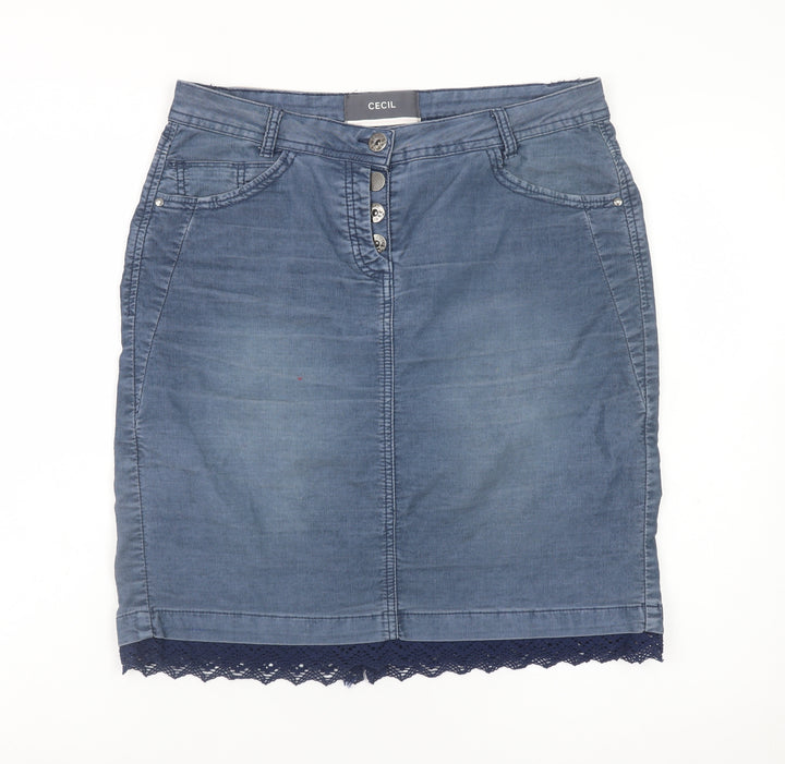 Cecil Women Blue Denim Pencil Skirt Size 10 Casual Lace Hem