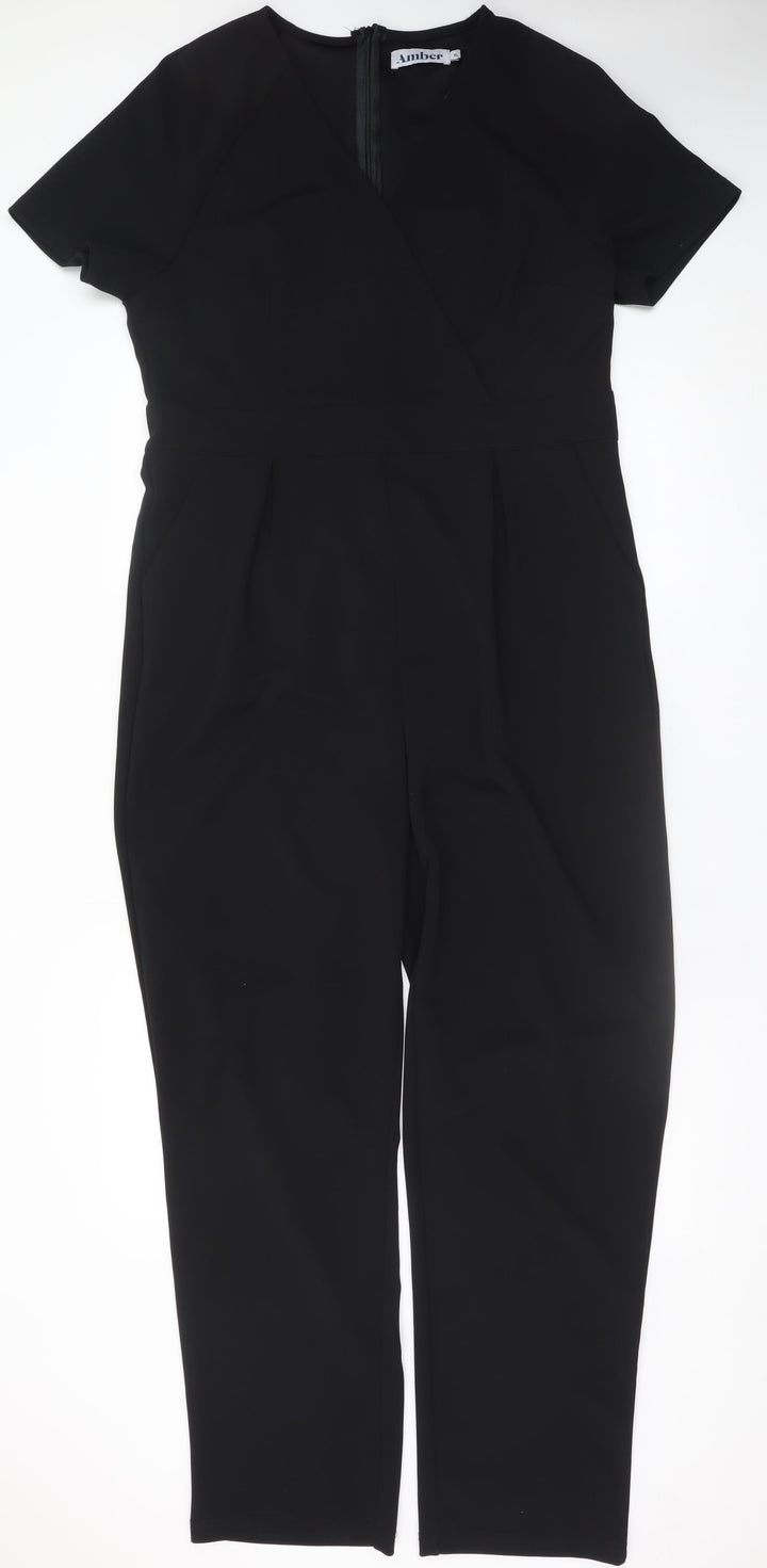 Amber Women Black XL Short Sleeve V-Neck Jumpsuit Classic Fit
