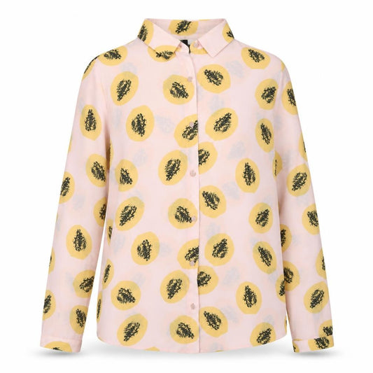 Front view of Cubic women’s pink polka dot button-up shirt, size S