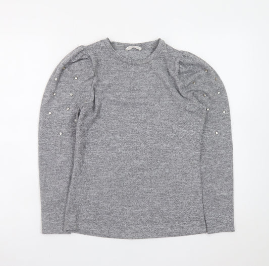 Savida Womens Grey XS Beaded Puff Sleeve Crew Neck Knit Jumper