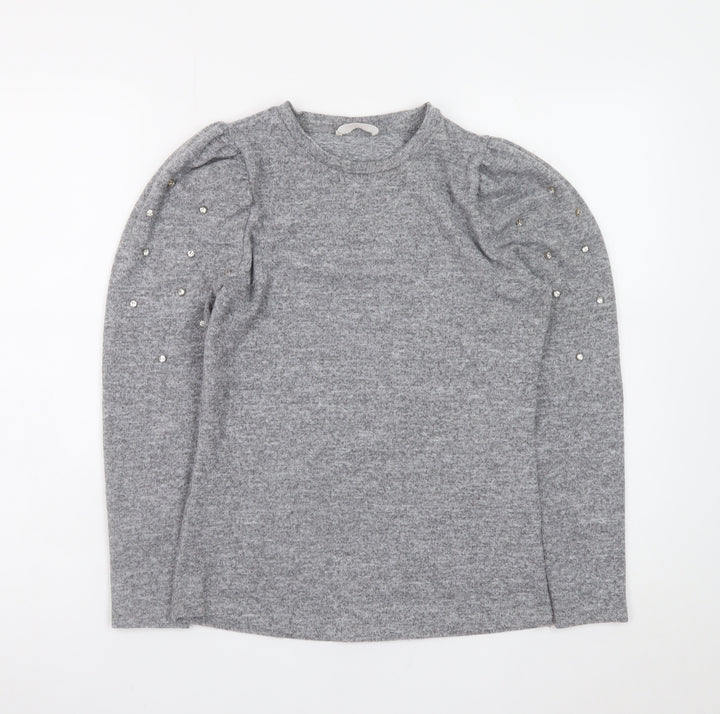 Savida Womens Grey XS Beaded Puff Sleeve Crew Neck Knit Jumper