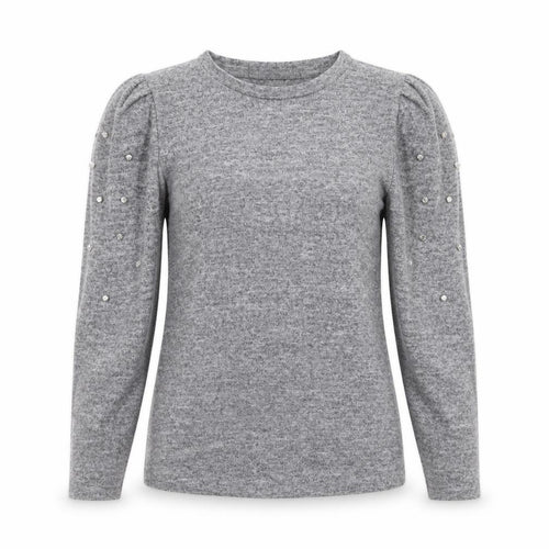 Savida Womens Grey XS Beaded Puff Sleeve Crew Neck Knit Jumper