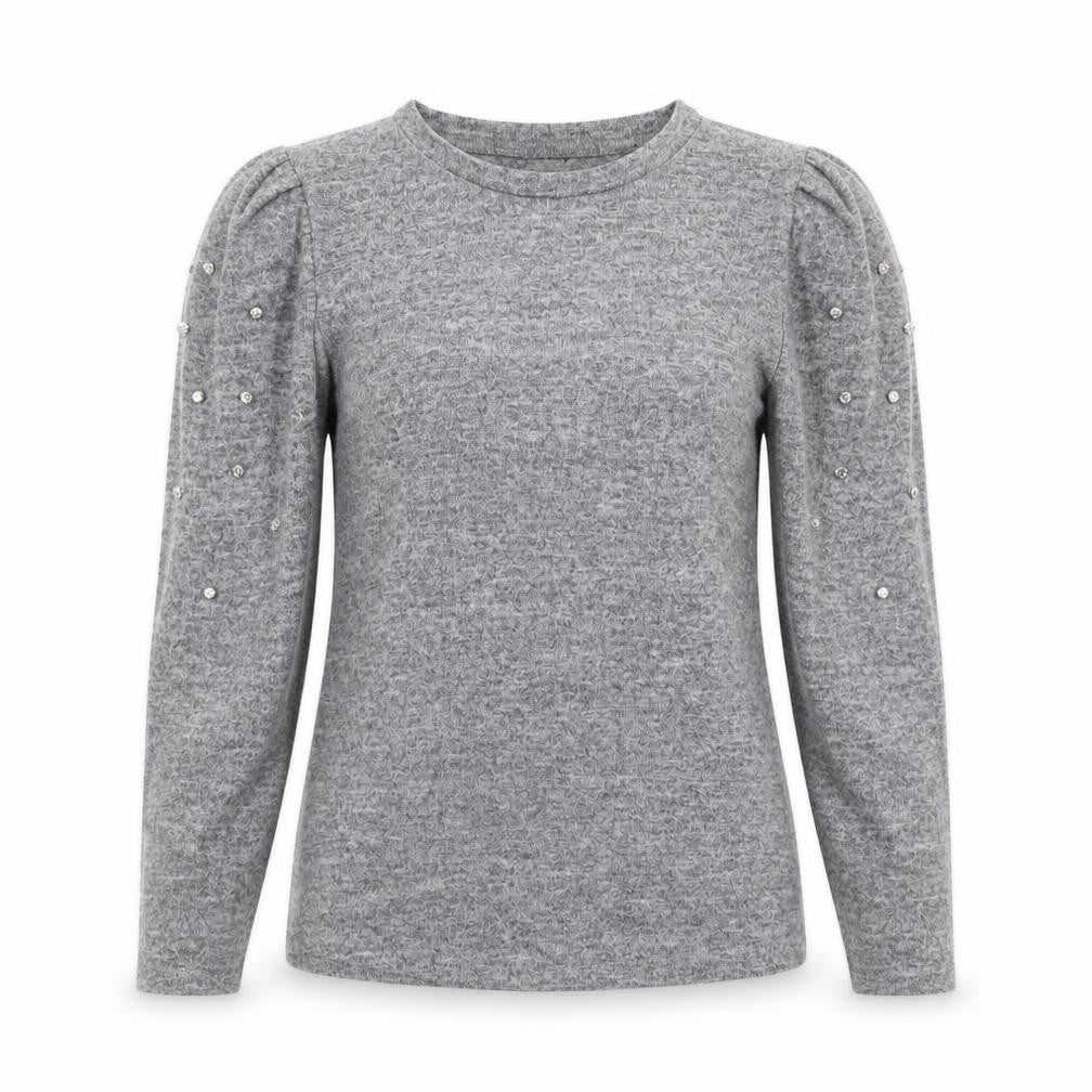 Savida Womens Grey XS Beaded Puff Sleeve Crew Neck Knit Jumper