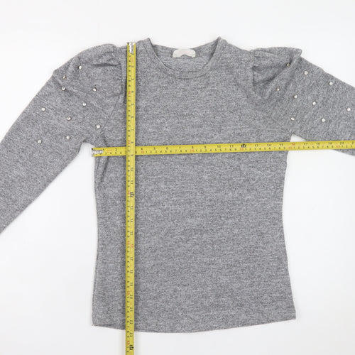 Savida Womens Grey XS Beaded Puff Sleeve Crew Neck Knit Jumper