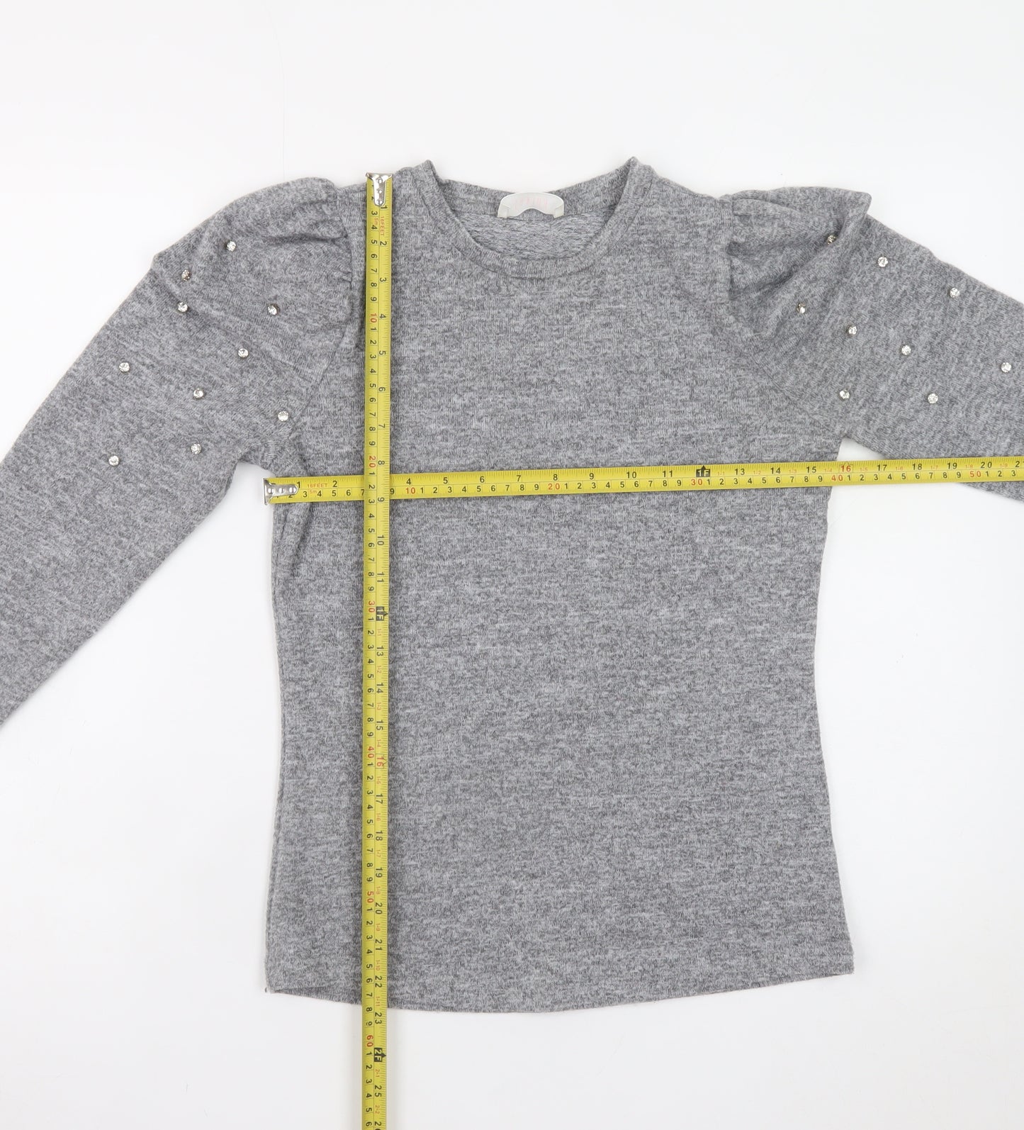 Savida Womens Grey XS Beaded Puff Sleeve Crew Neck Knit Jumper