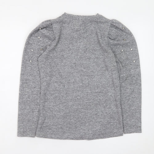 Savida Womens Grey XS Beaded Puff Sleeve Crew Neck Knit Jumper