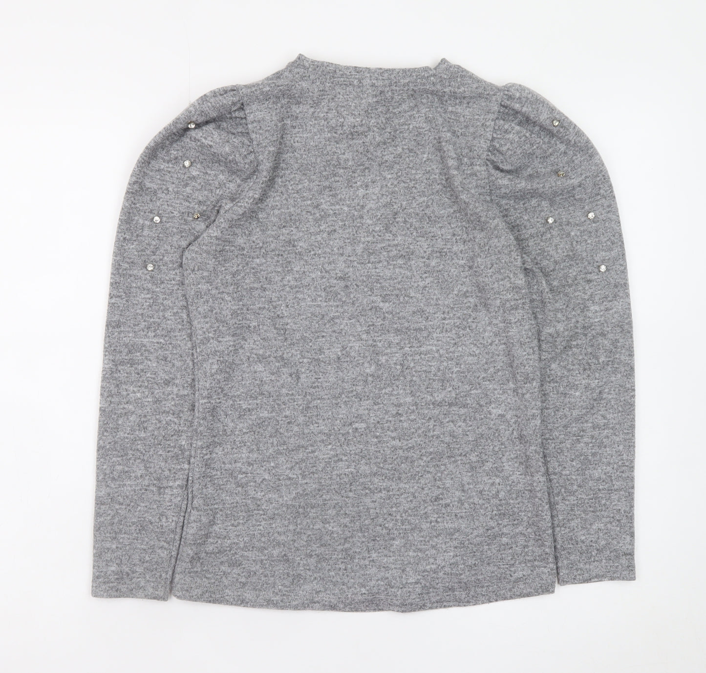 Savida Womens Grey XS Beaded Puff Sleeve Crew Neck Knit Jumper