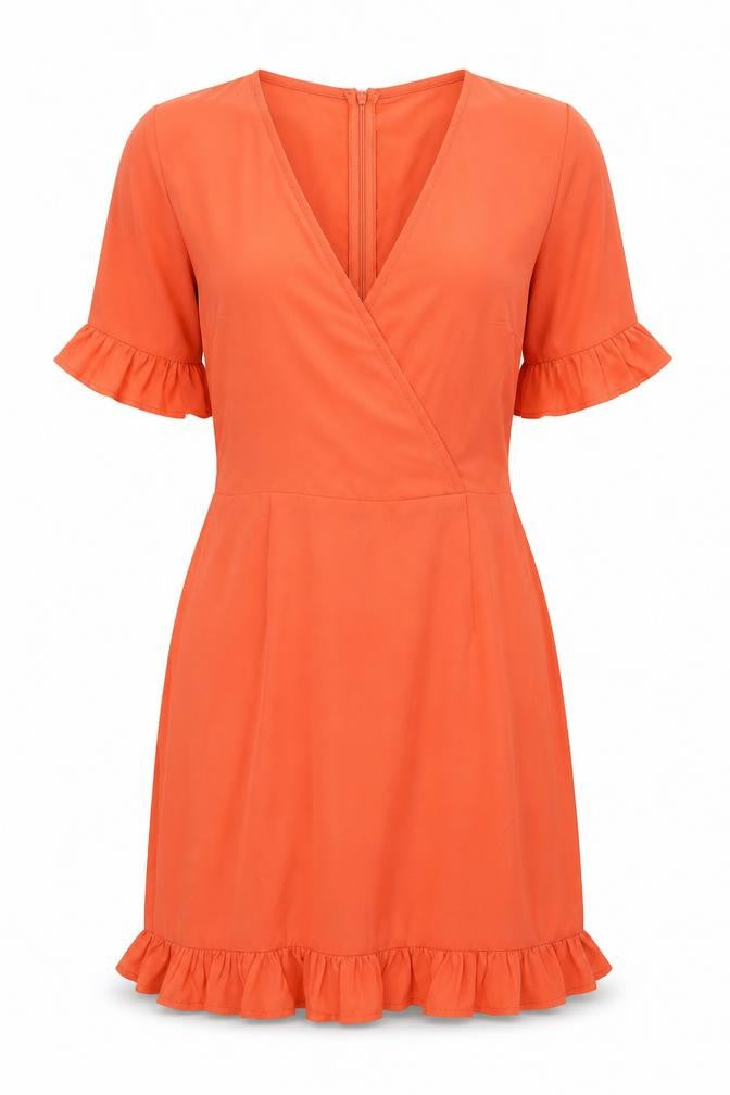 Front view of I Saw It First Women’s Orange Short Wrap Dress, size UK 8