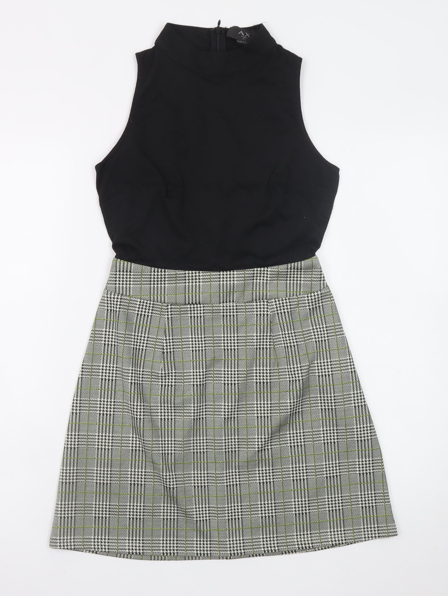 AX Paris Women Black Check Shift Dress Size 8 Sleeveless High Neck