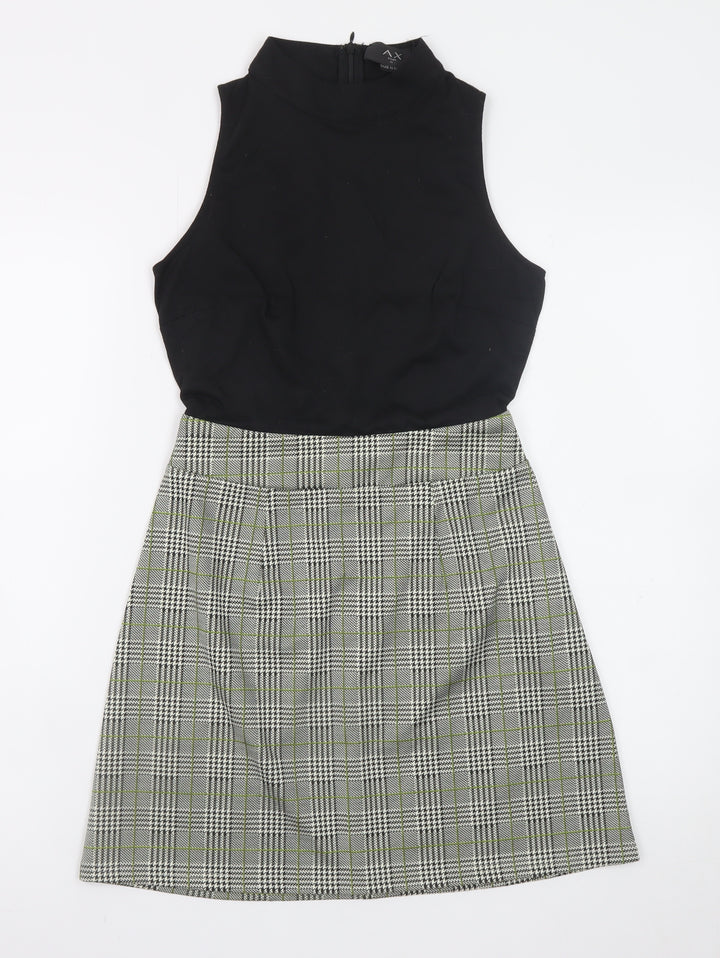 AX Paris Women Black Check Shift Dress Size 8 Sleeveless High Neck
