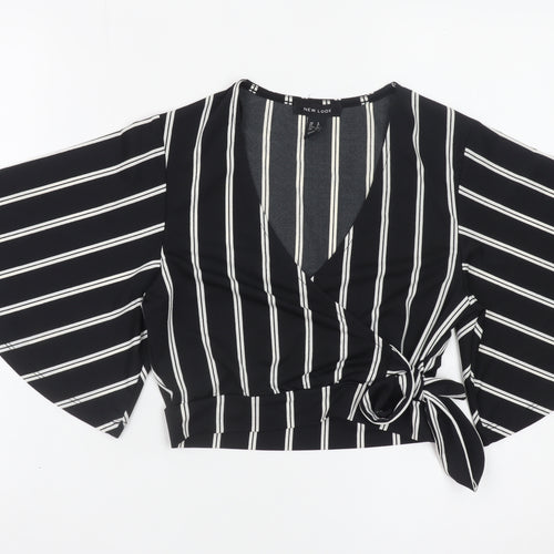 New Look Women's Black Striped Wrap Blouse Size 8 Kimono Sleeve