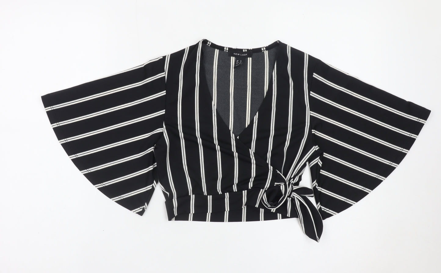 New Look Women's Black Striped Wrap Blouse Size 8 Kimono Sleeve