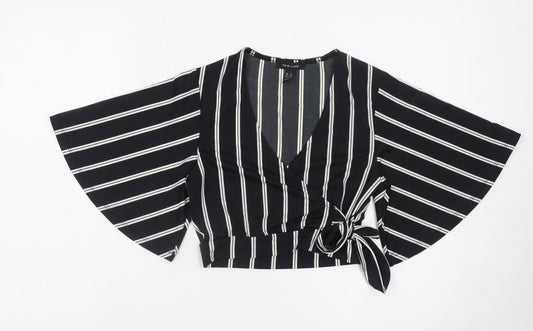 New Look Women's Black Striped Wrap Blouse Size 8 Kimono Sleeve
