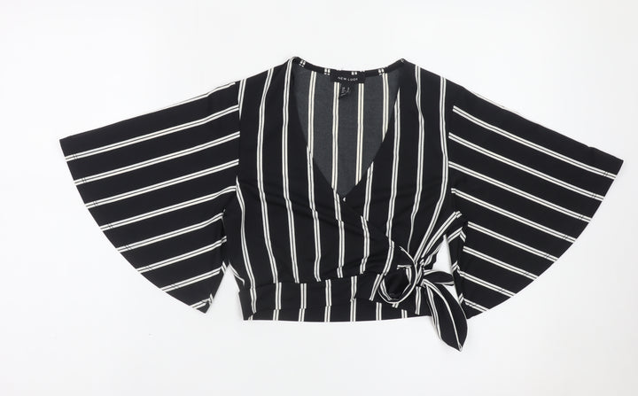 New Look Women's Black Striped Wrap Blouse Size 8 Kimono Sleeve