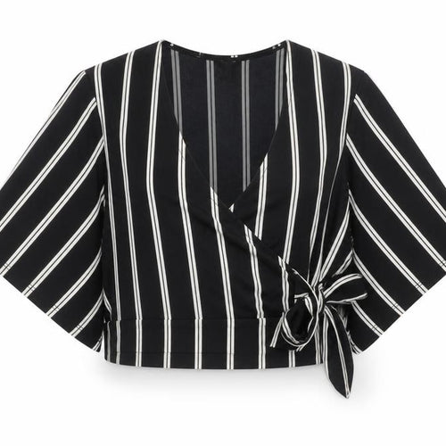 New Look Women's Black Striped Wrap Blouse Size 8 Kimono Sleeve