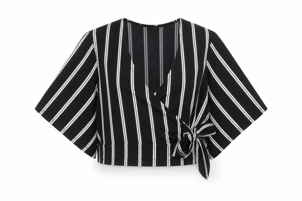 New Look Women's Black Striped Wrap Blouse Size 8 Kimono Sleeve