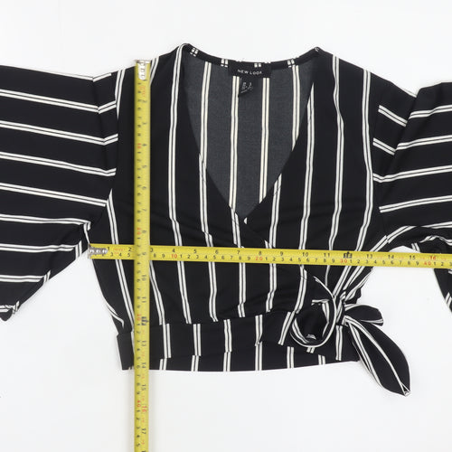 New Look Women's Black Striped Wrap Blouse Size 8 Kimono Sleeve
