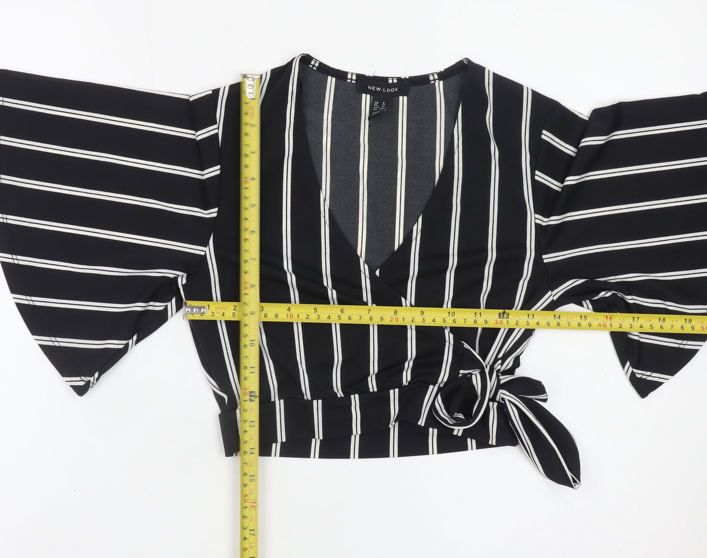 New Look Women's Black Striped Wrap Blouse Size 8 Kimono Sleeve