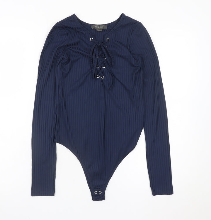 Primark Womens Blue Lace Up Bodysuit Top Size 8 Long Sleeve