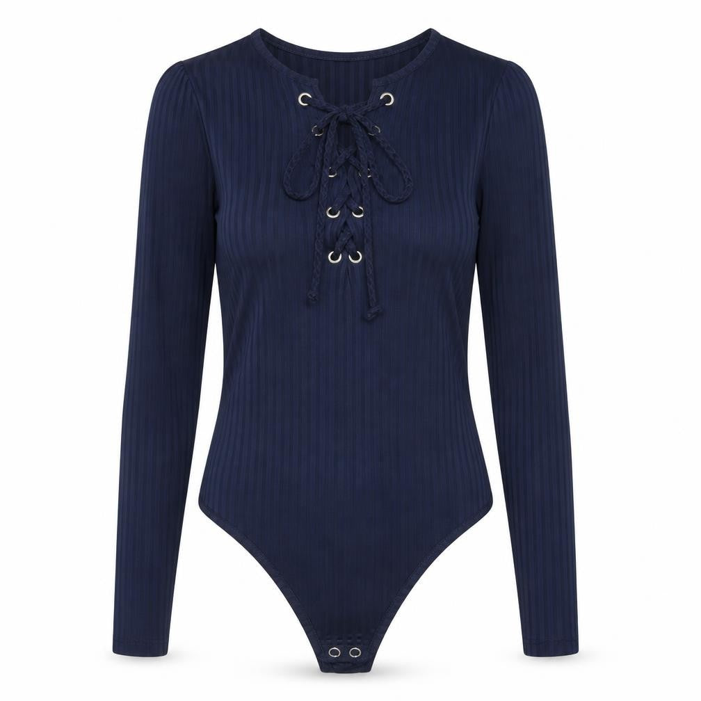 Front view of Primark women’s blue lace up bodysuit top, size UK 8, long sleeve