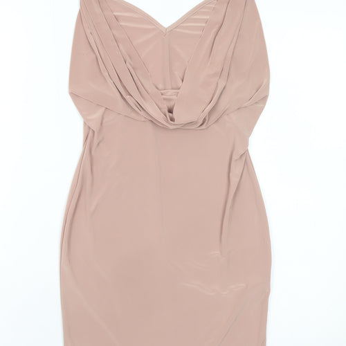 Boohoo Women Beige Bodycon Cowl Neck Sleeveless Short Dress Size 10