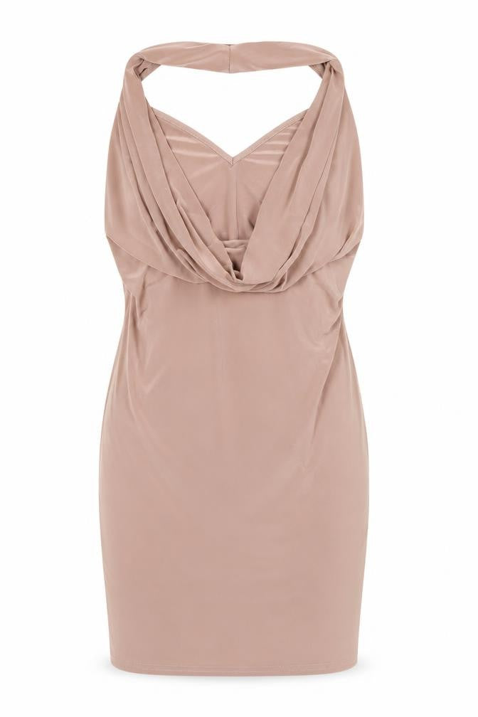 Boohoo Women Beige Bodycon Cowl Neck Sleeveless Short Dress Size 10