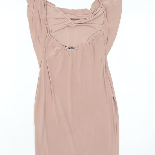 Boohoo Women Beige Bodycon Cowl Neck Sleeveless Short Dress Size 10