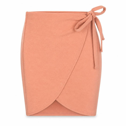 Front view of Boohoo women’s beige wrap short skirt, size UK 8, high rise