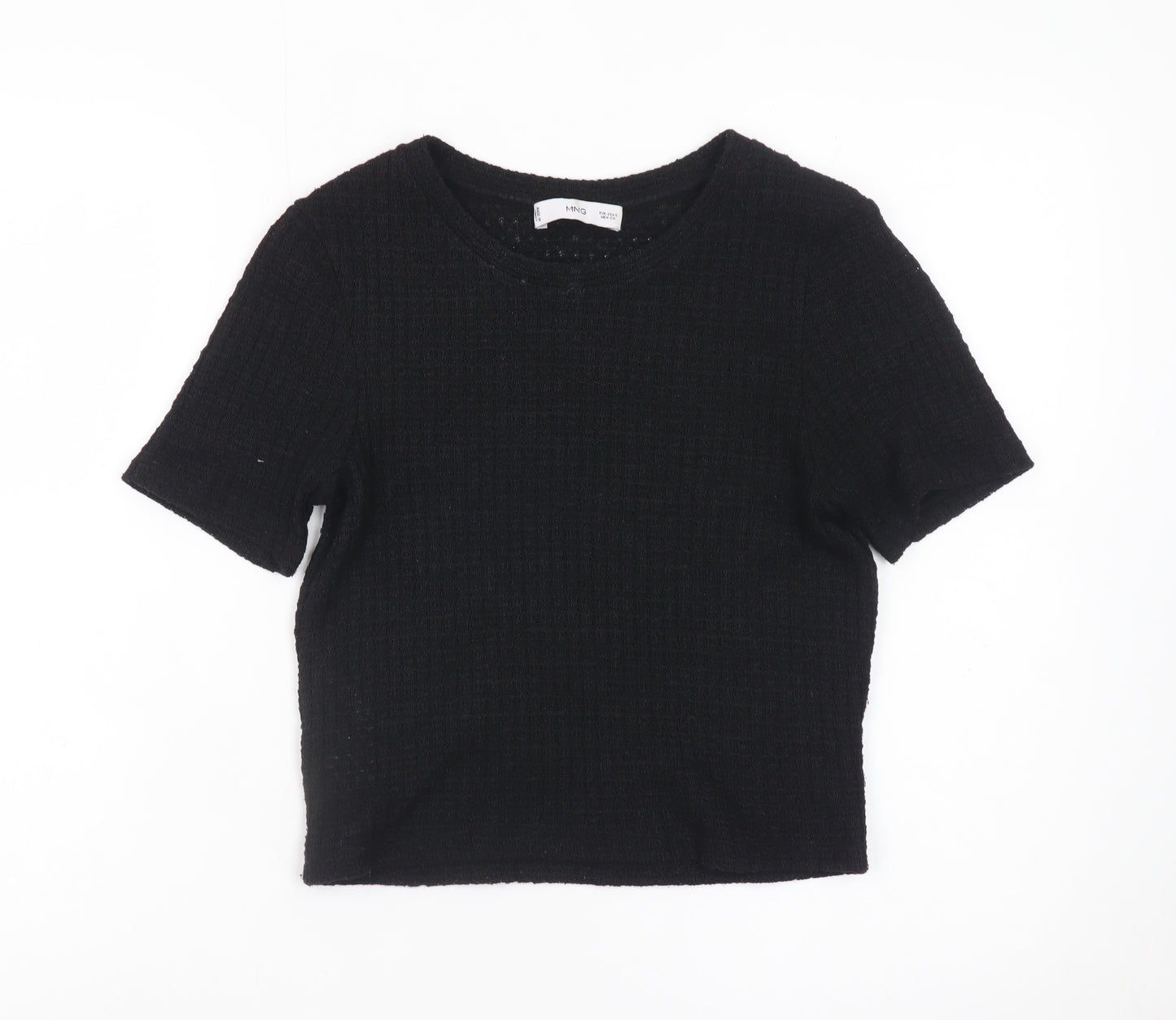 MNG Women's Black Cropped Knit T-Shirt Size S Short Sleeve