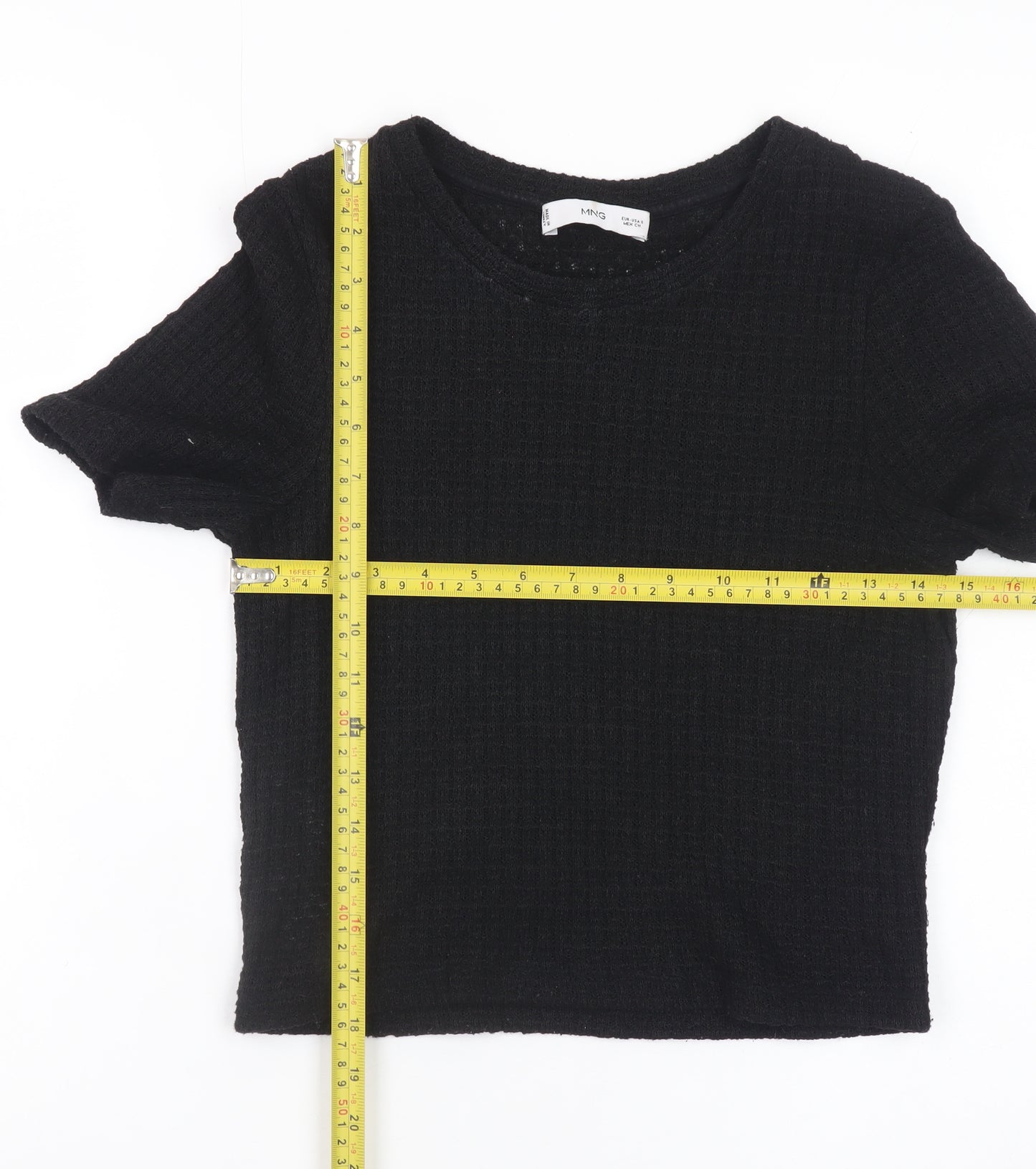 MNG Women's Black Cropped Knit T-Shirt Size S Short Sleeve