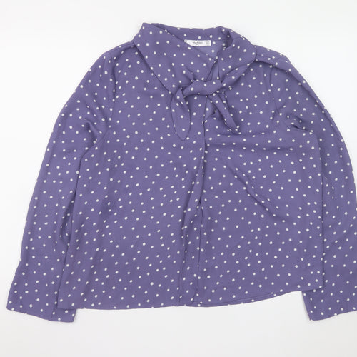 Mango Women’s Purple Polka Dot Bow Neck Long Sleeve Blouse Size 12