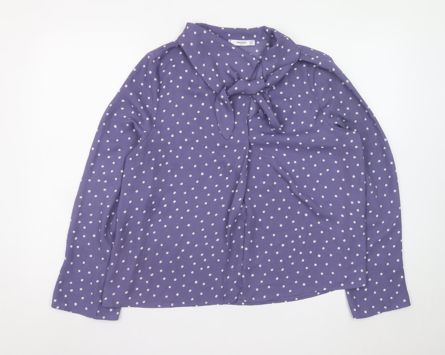 Mango Women’s Purple Polka Dot Bow Neck Long Sleeve Blouse Size 12