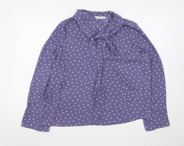 Mango Women’s Purple Polka Dot Bow Neck Long Sleeve Blouse Size 12