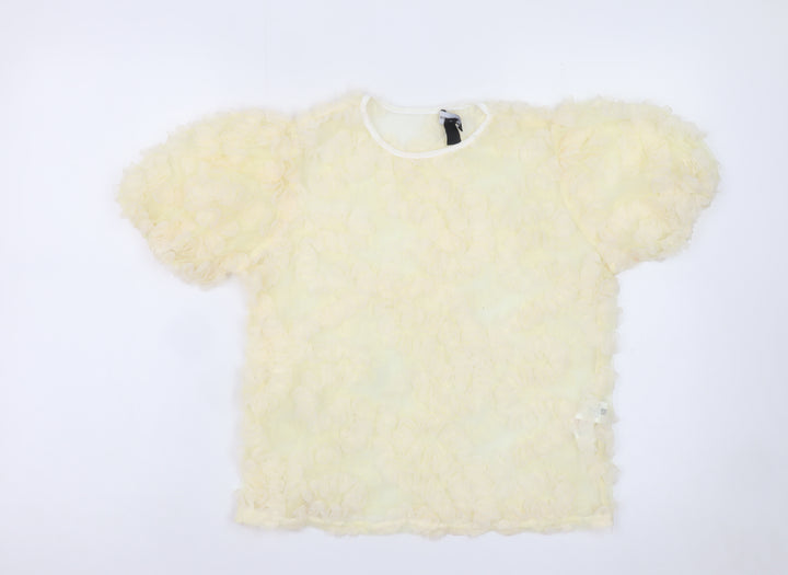 New Look Women Beige Ruffle Mesh Puff Sleeve Blouse UK 6
