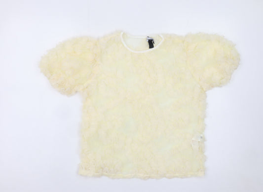 New Look Women Beige Ruffle Mesh Puff Sleeve Blouse UK 6