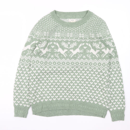 Fat Face Women's Green Fair Isle Crew Neck Wool Jumper UK 10