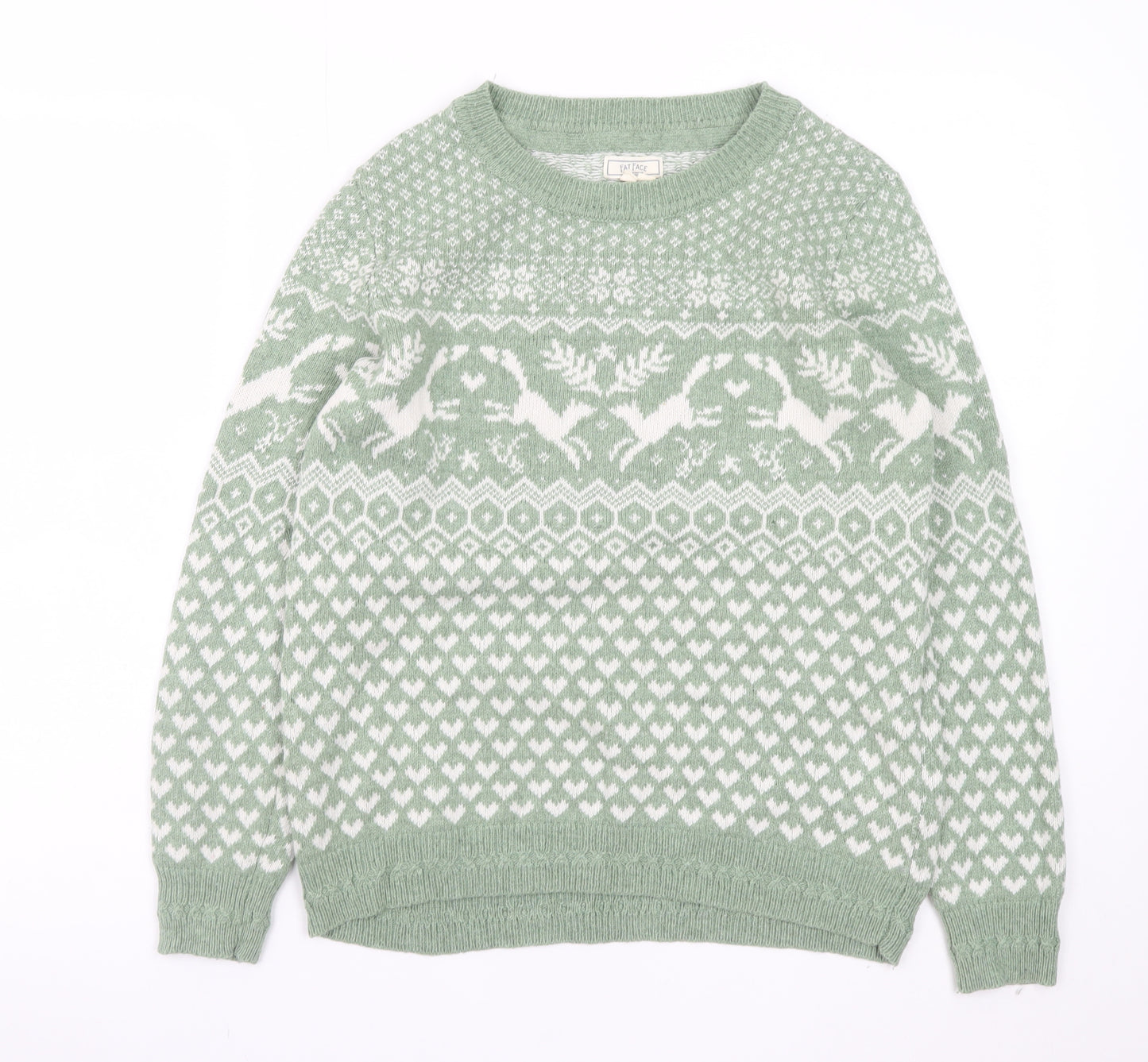 Fat Face Women's Green Fair Isle Crew Neck Wool Jumper UK 10