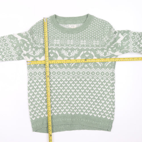 Fat Face Women's Green Fair Isle Crew Neck Wool Jumper UK 10