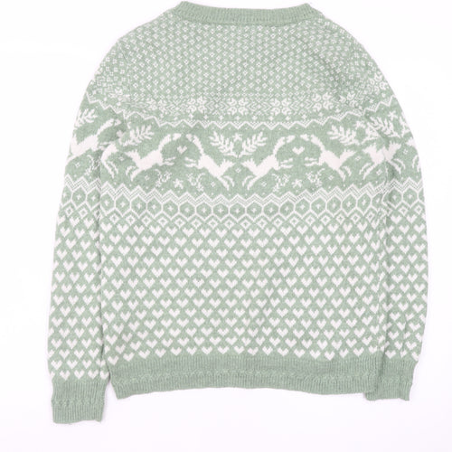 Fat Face Women's Green Fair Isle Crew Neck Wool Jumper UK 10