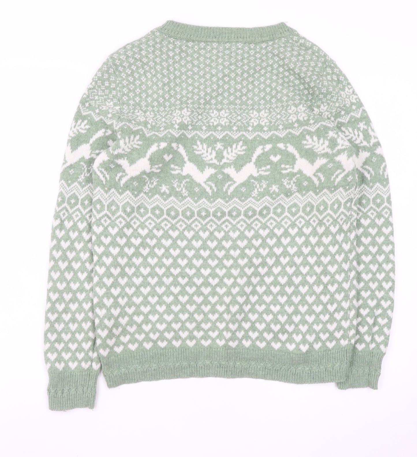 Fat Face Women's Green Fair Isle Crew Neck Wool Jumper UK 10