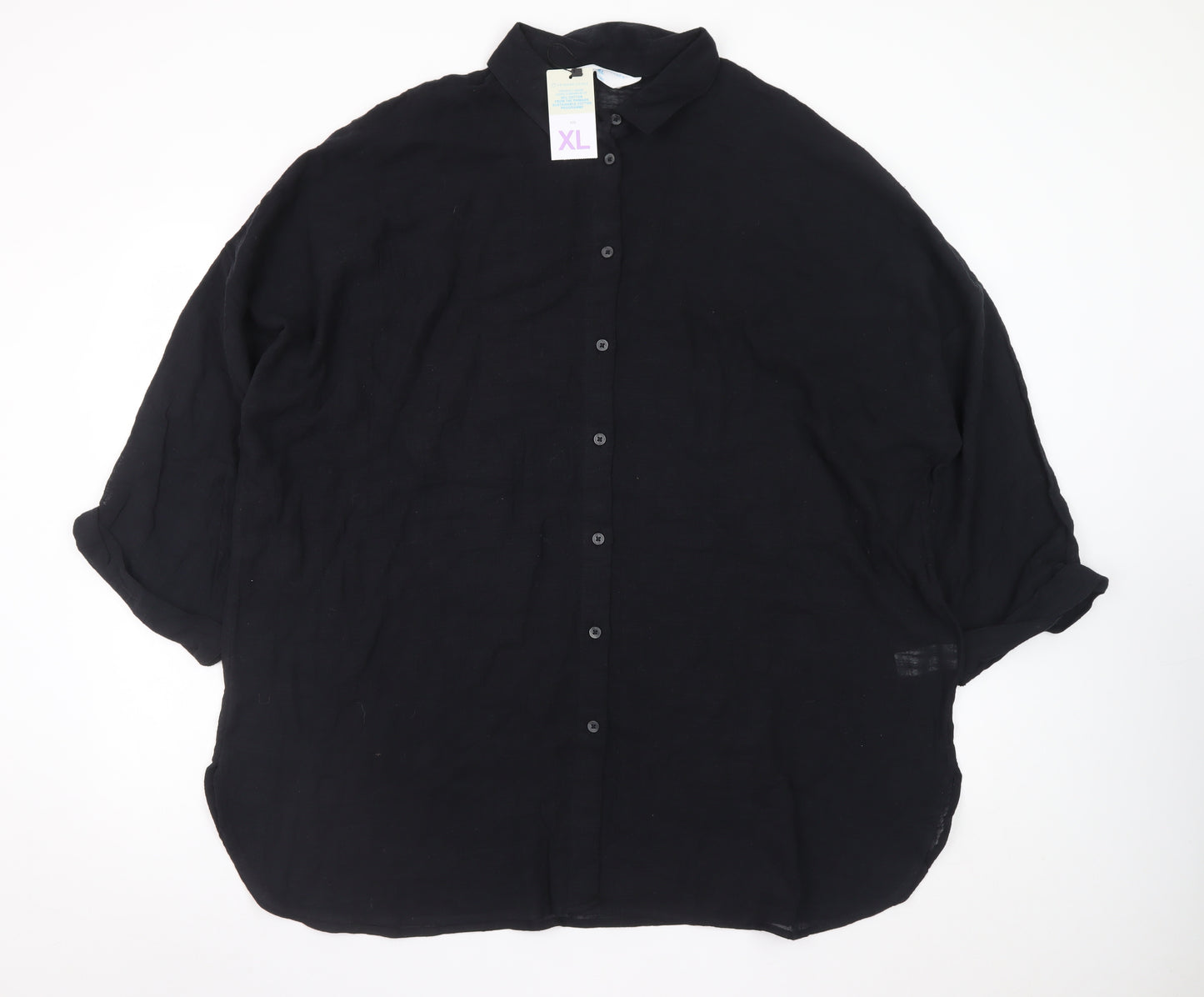 Primark Womens Black Linen Button-Up Shirt XL Relaxed Fit