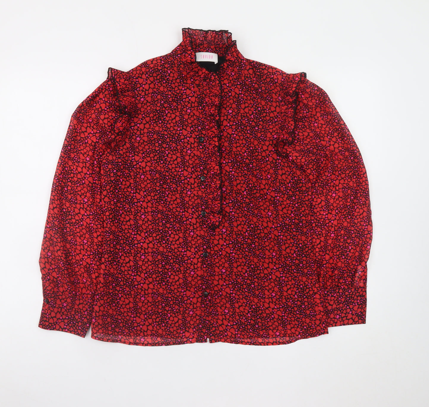 Savida Women's Red Floral Ruffle Long Sleeve Blouse XS